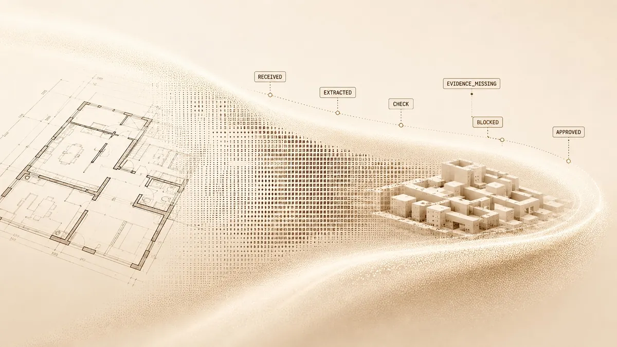 Architectural plan moving through explicit received, checked, blocked, and approved workflow states.